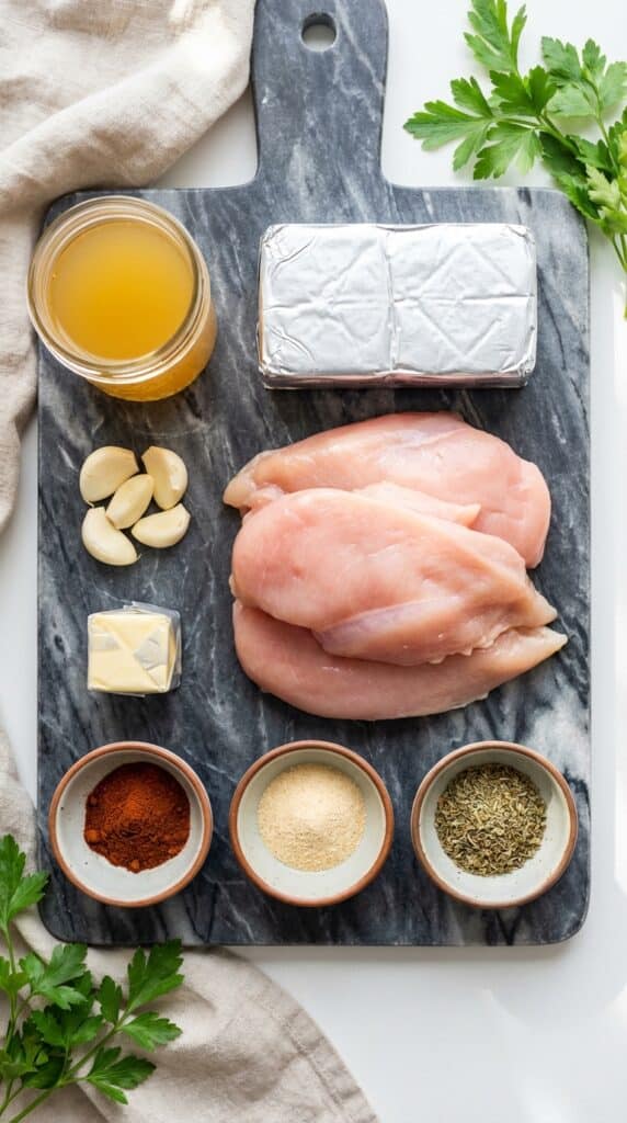 A flat lay showing raw chicken cutlets, cream cheese, chicken broth, garlic, butter, and spices on a dark marble board.