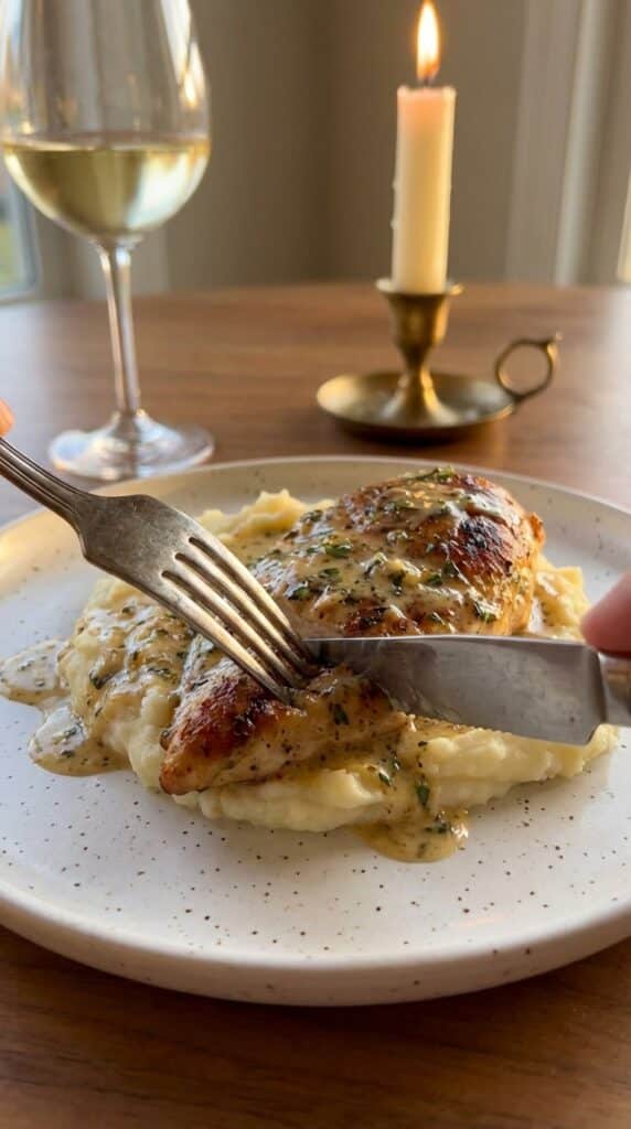 A close-up of a fork and knife cutting into pan-seared chicken covered in cream cheese sauce, served over mashed potatoes.