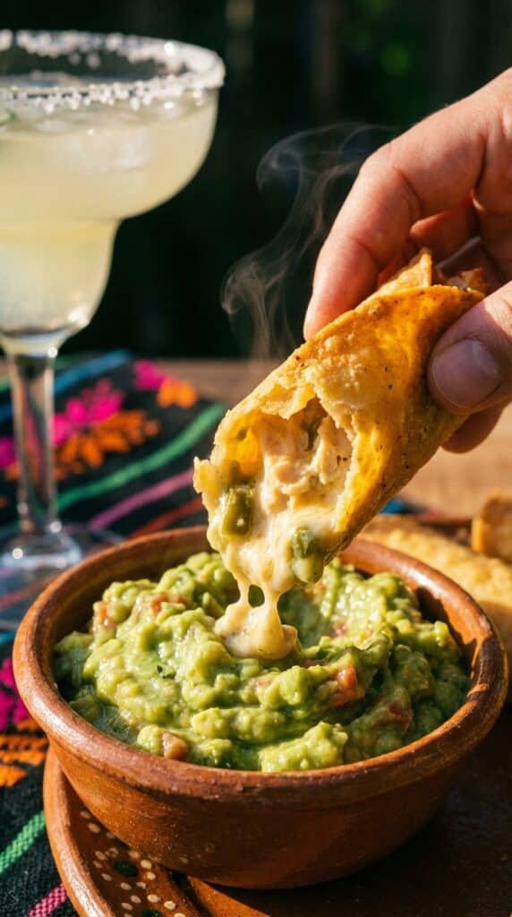 A close-up of a hand dipping a broken, crispy chicken taquito into a bowl of chunky guacamole, showing the creamy filling.