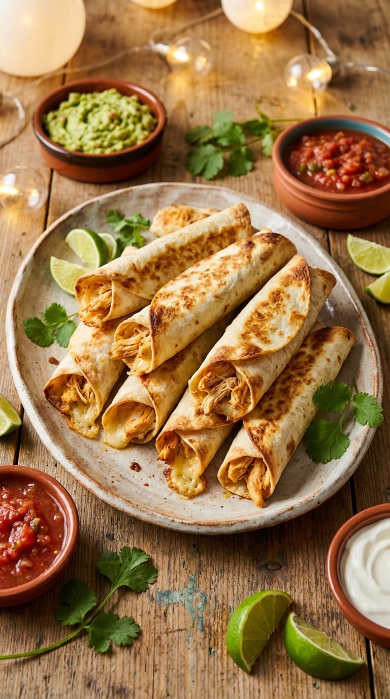 A platter piled high with golden-brown, crispy chicken taquitos surrounded by bowls of guacamole, salsa, and sour cream.