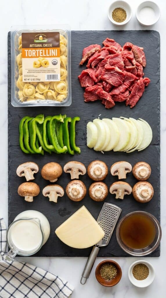A flat lay showing shaved steak, cheese tortellini, green bell peppers, onions, mushrooms, heavy cream, and provolone cheese on a dark slate board.