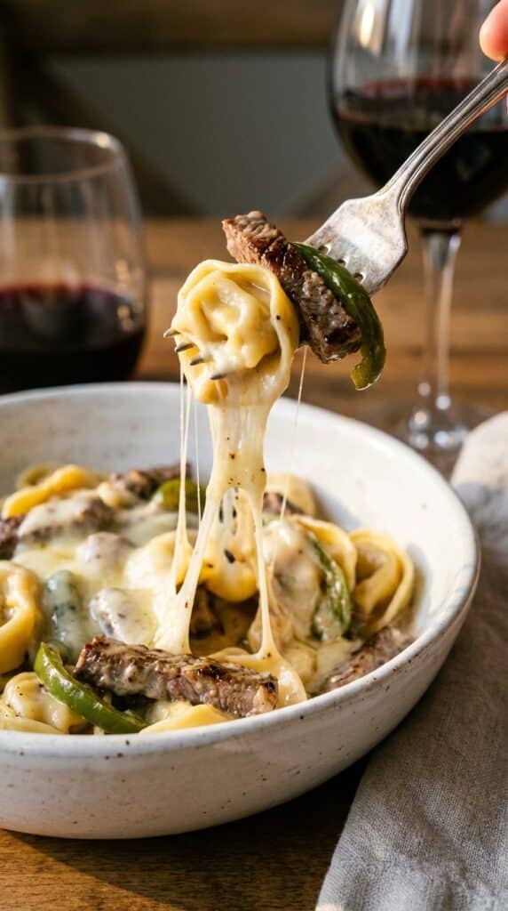A close-up of a fork lifting a piece of tortellini, steak, and green pepper from a bowl, creating a long, gooey cheese pull.