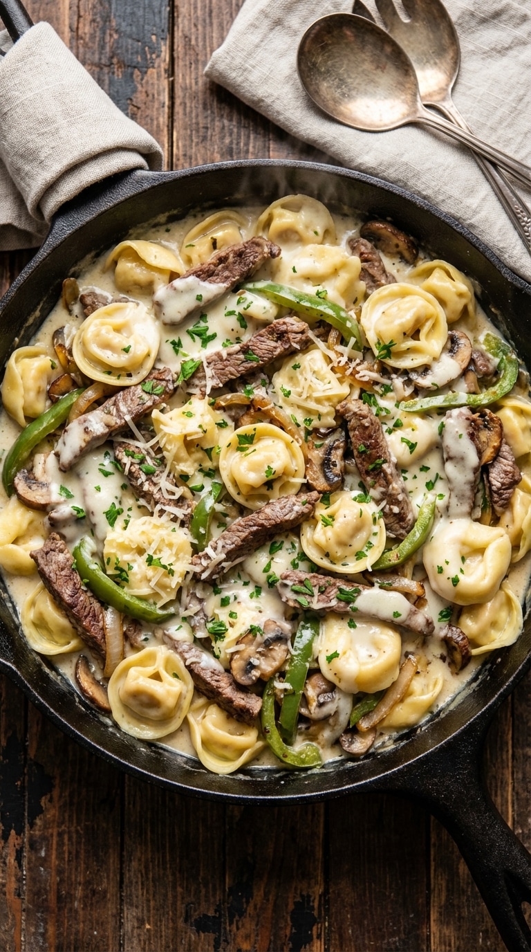 A top-down view of a cast iron skillet filled with cheese tortellini, shaved steak, green peppers, and onions in a creamy white provolone sauce.