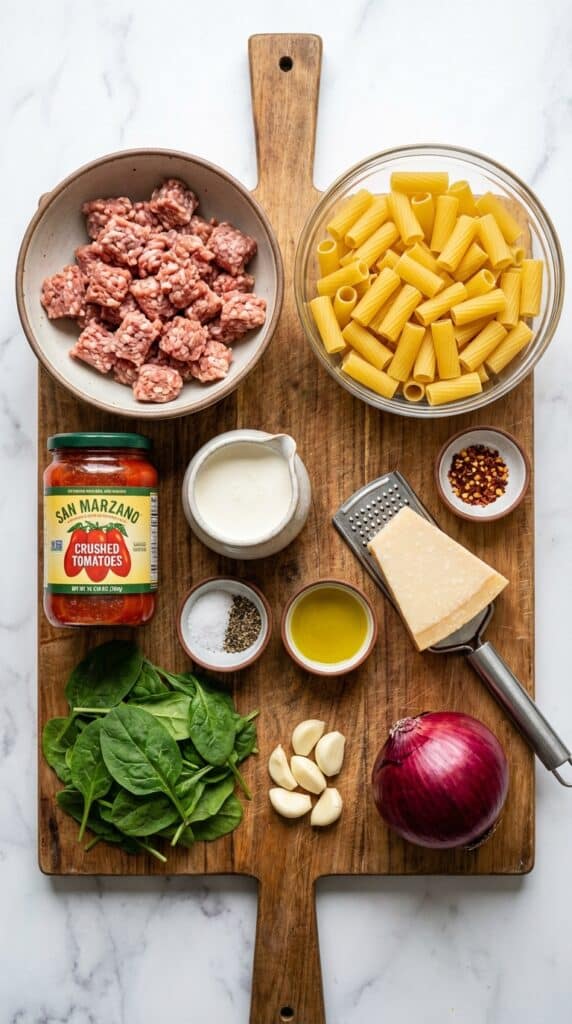A flat lay showing dry rigatoni, raw Italian sausage, crushed tomatoes, heavy cream, parmesan, and spinach on a wooden board.