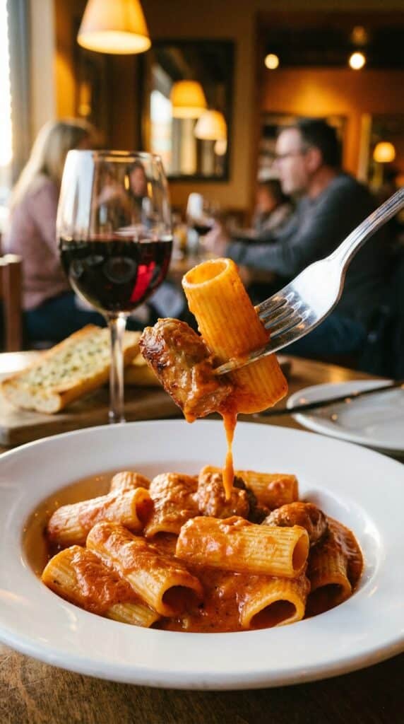 A close-up of a fork holding a piece of rigatoni and sausage dripping with creamy tomato sauce, with a glass of red wine in the background.