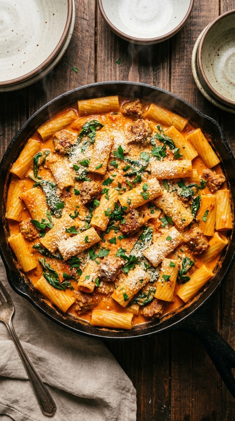 A top-down view of a cast iron skillet filled with creamy tomato sausage rigatoni pasta, spinach, and parmesan cheese.