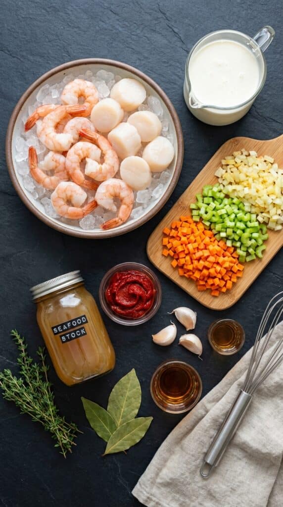 A flat lay showing raw shrimp, scallops, heavy cream, diced carrots, celery, onions, seafood stock, and sherry on a dark slate board.