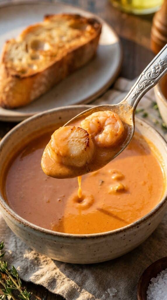 A close-up of a silver spoon lifting a bite of creamy orange bisque with a scallop and a piece of shrimp, with crusty bread in the background.