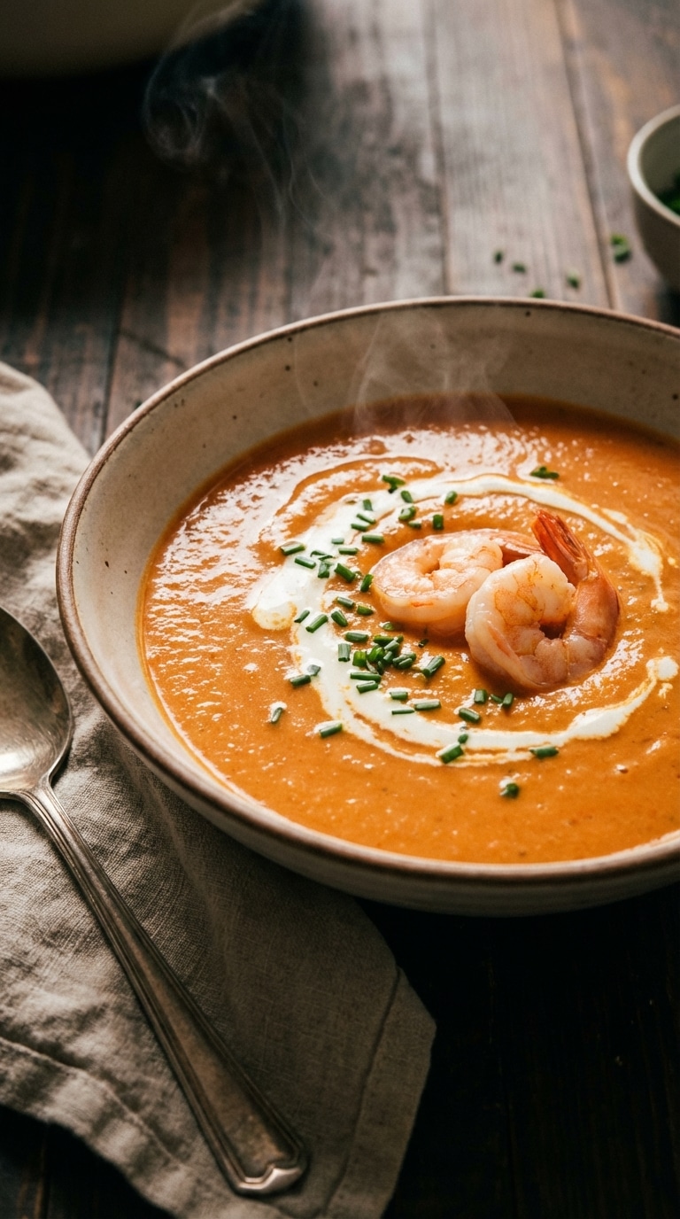 A close-up of a ceramic bowl filled with velvety coral-colored seafood bisque, topped with a cream swirl, fresh chives, and plump shrimp.