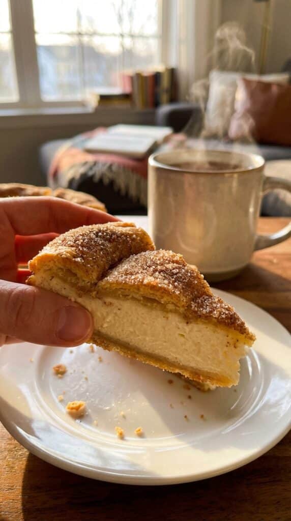 A close-up of a hand holding a square crescent cheesecake bar, showing the flaky cinnamon crust and thick cream cheese filling.