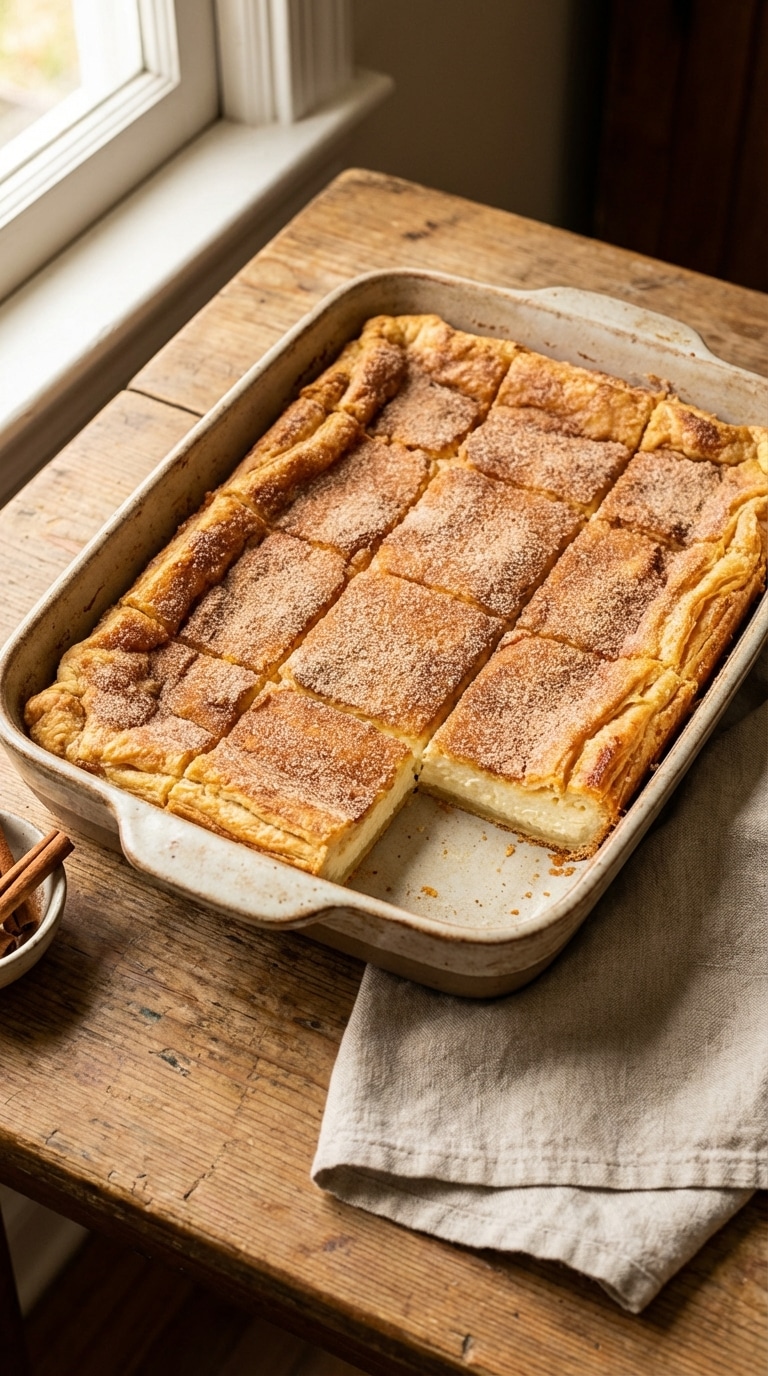 A baking dish filled with sliced cheesecake bars topped with a golden, crispy cinnamon-sugar crust.