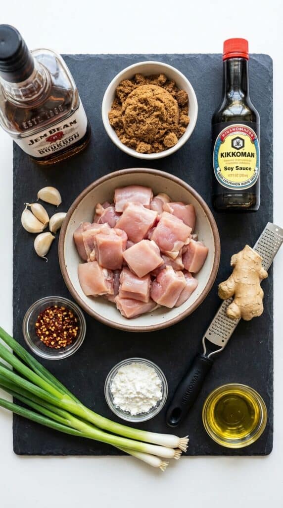 A flat lay showing raw chicken thighs, a bottle of bourbon, brown sugar, soy sauce, garlic, and fresh ginger on a dark slate board.