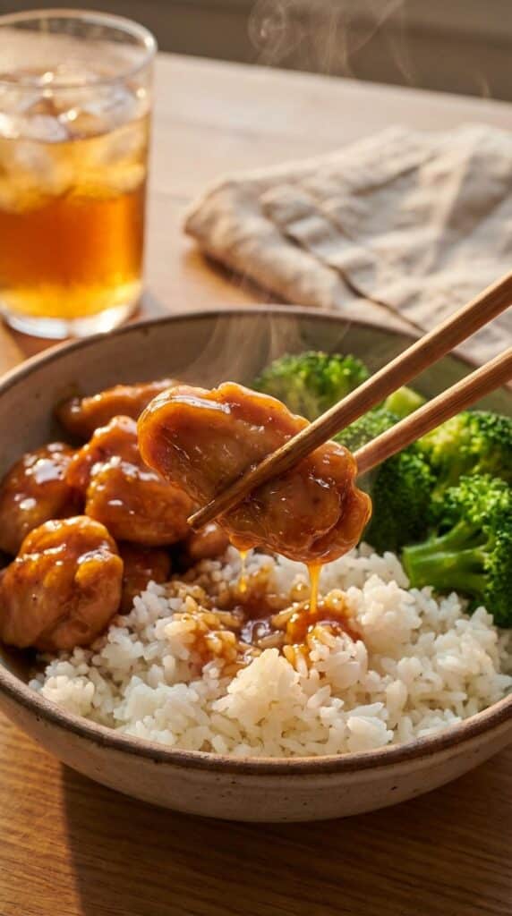A close-up of chopsticks holding a piece of sticky bourbon chicken over a bowl of white rice and steamed broccoli.
