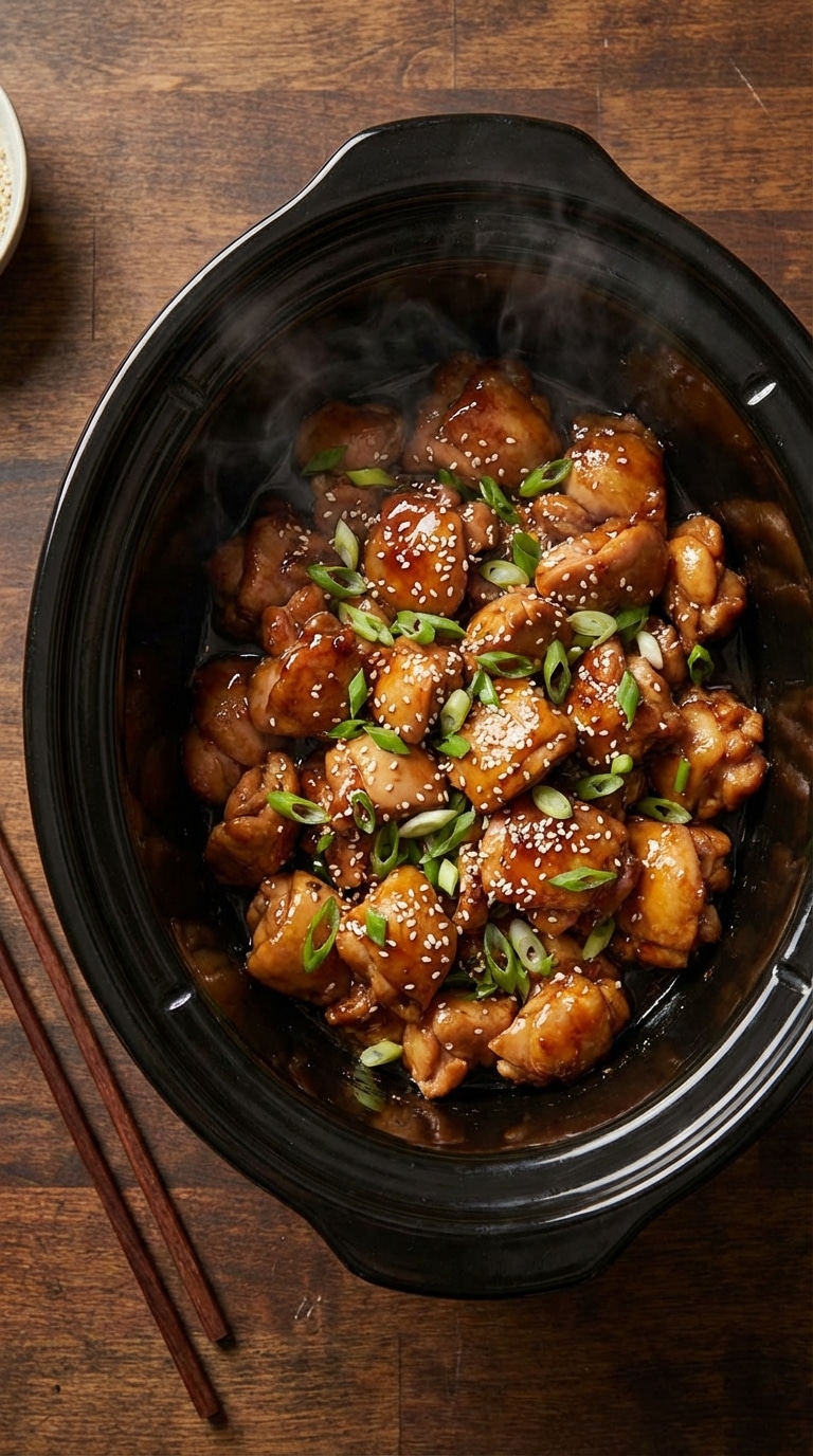 A top-down view inside a slow cooker filled with sticky, glossy bourbon chicken garnished with green onions and sesame seeds.