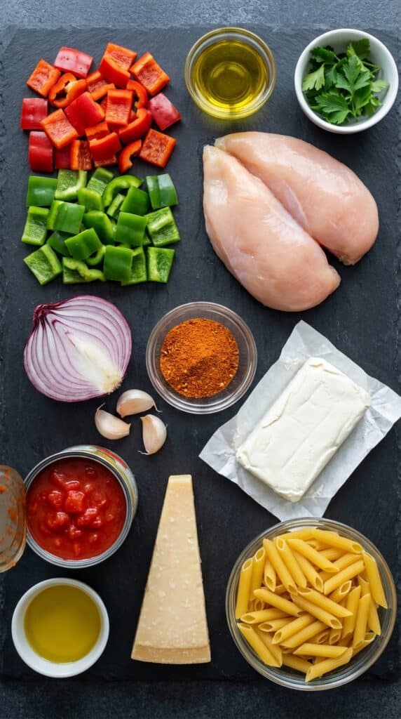 A flat lay showing raw chicken, bell peppers, cream cheese, penne pasta, canned tomatoes, and Cajun spices on a dark slate board.