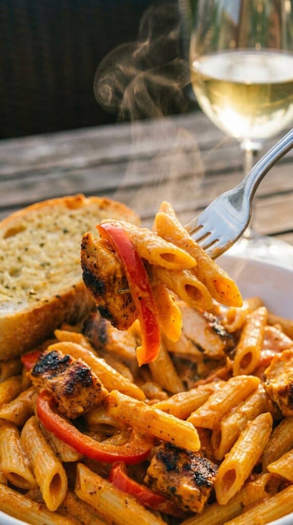 A close-up of a fork lifting a bite of creamy Cajun chicken and penne pasta from a bowl, showing a thick sauce.