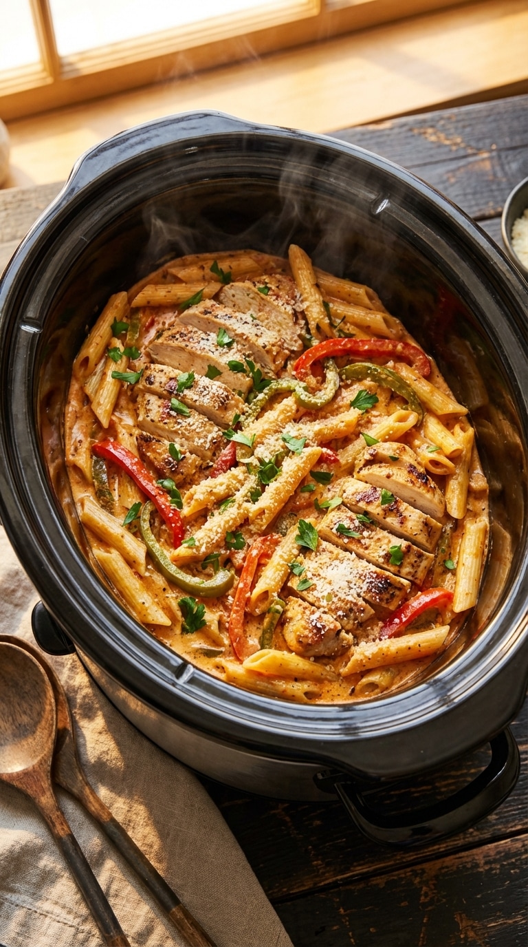 A top-down view inside a slow cooker filled with creamy, reddish-orange pasta, chicken, bell peppers, and parsley.