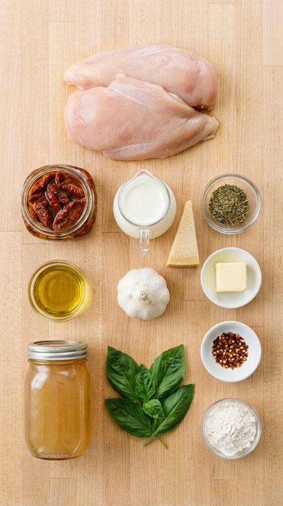 A flat lay showing raw chicken, heavy cream, parmesan cheese, sun-dried tomatoes, garlic, chicken broth, and basil on a wooden counter.