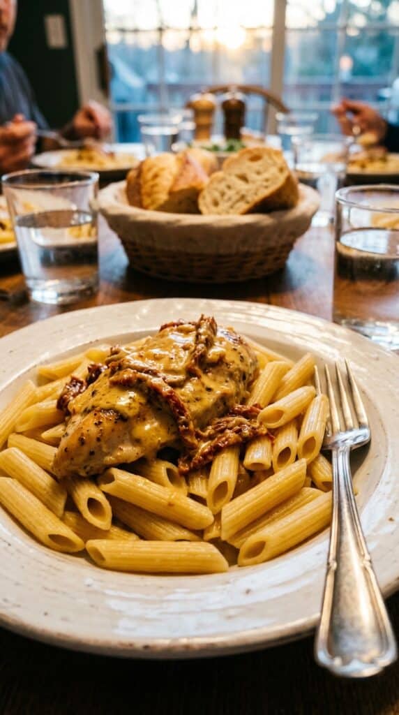 A close-up of tender chicken and creamy sun-dried tomato sauce served over penne pasta on a white plate