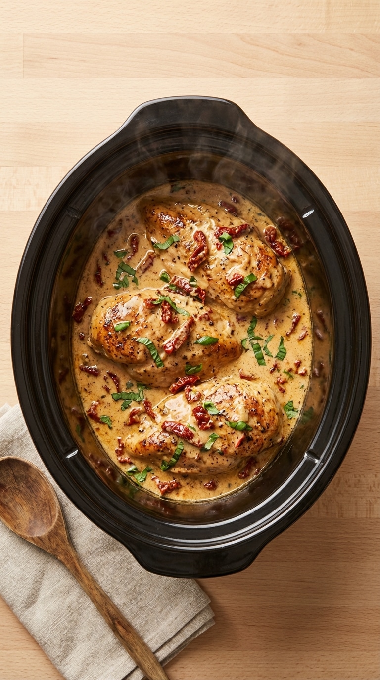 A top-down view inside a slow cooker filled with chicken breasts bathed in a creamy sauce with sun-dried tomatoes and fresh basil.