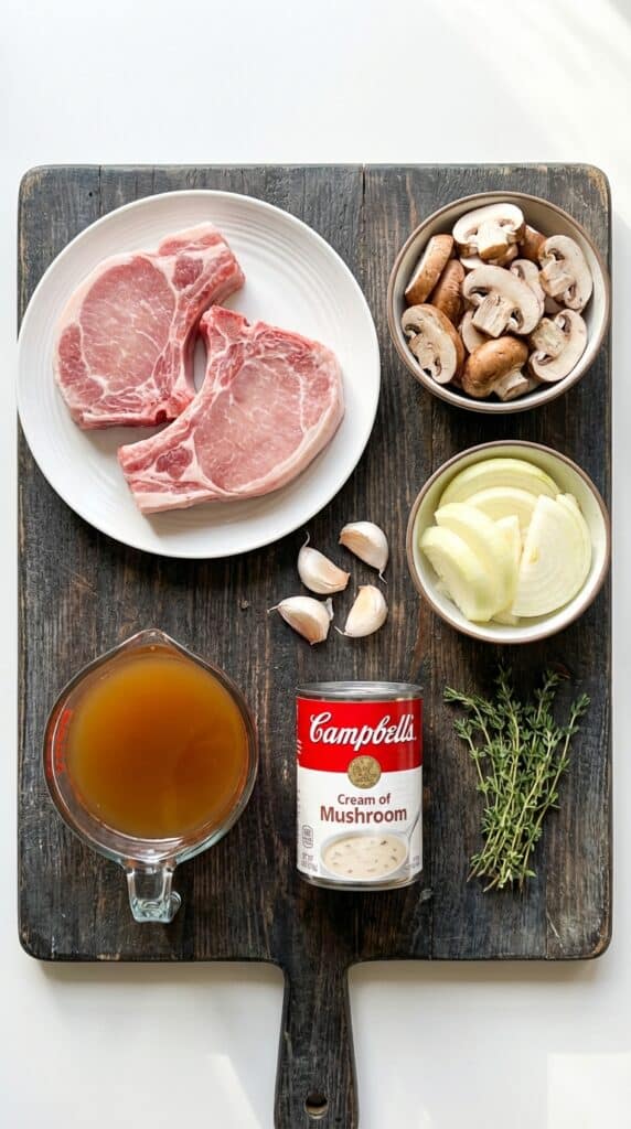 A flat lay showing raw thick-cut pork chops, sliced mushrooms, onions, broth, and fresh thyme on a wooden board.