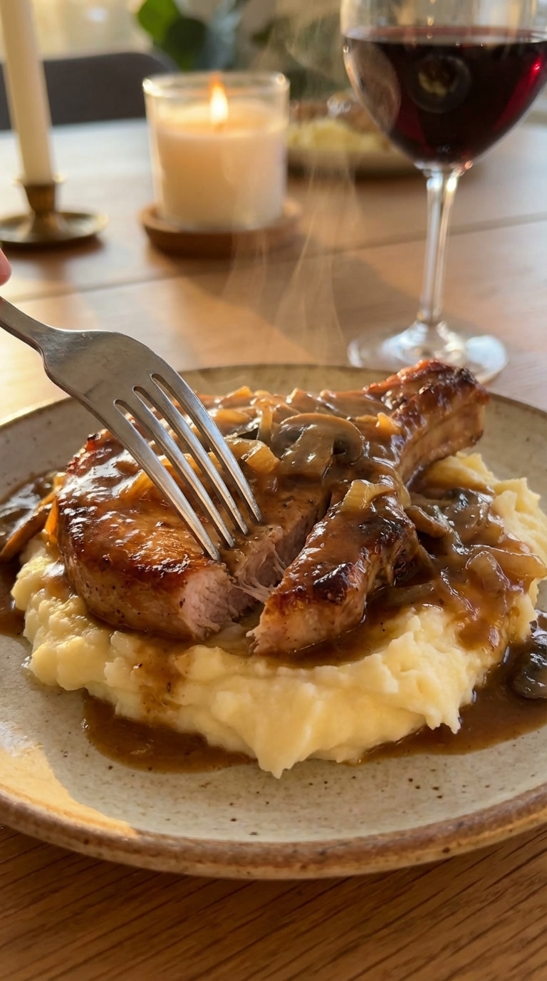 A close-up of a fork cutting into a tender pork chop covered in gravy, served over a bed of mashed potatoes.