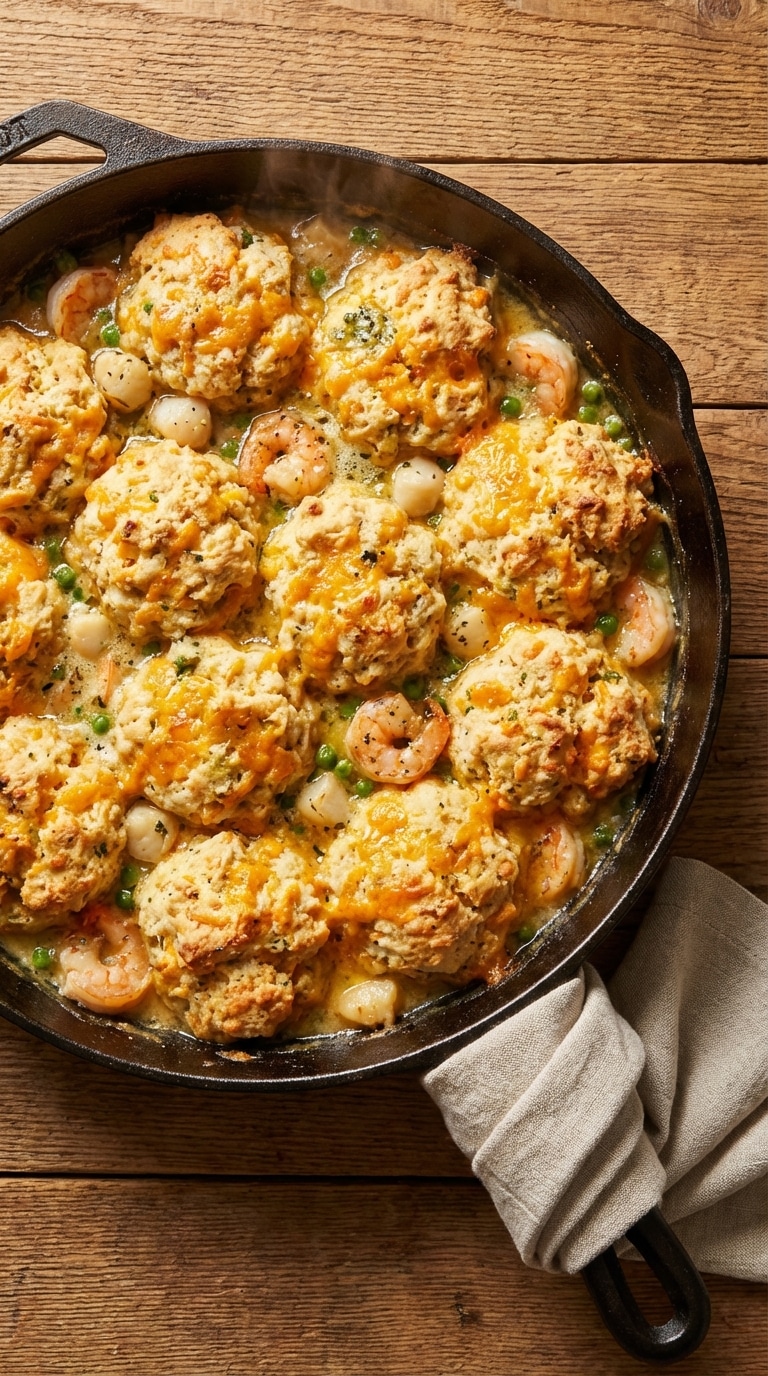 A close-up of a cast iron skillet filled with a creamy seafood pot pie, topped with golden-brown, garlic butter-brushed cheddar drop biscuits.