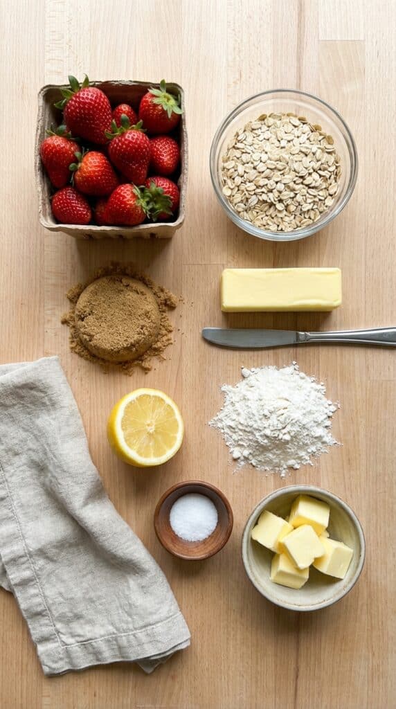 A flat lay showing fresh strawberries, rolled oats, brown sugar, butter, a lemon, and flour on a light wooden board.