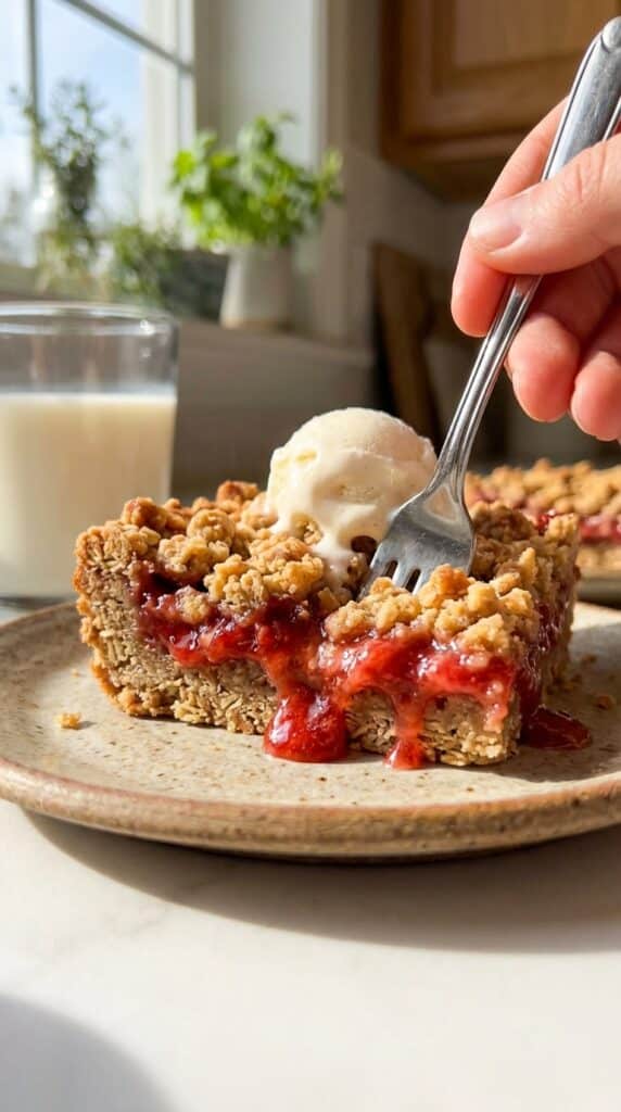 A close-up of a hand holding a warm strawberry oatmeal bar topped with melting vanilla ice cream, showing the gooey red center.