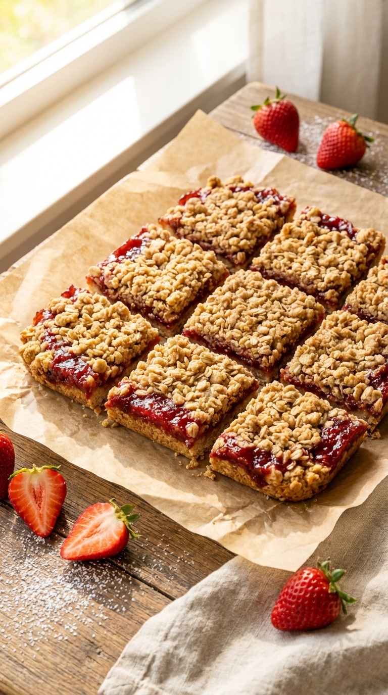 A view of square strawberry oatmeal crumble bars on parchment paper, showing layers of oat crust, red strawberry filling, and oat topping.