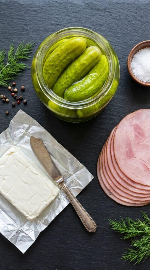 A flat lay showing a jar of whole dill pickles, a block of cream cheese, and a stack of deli ham on a dark board.