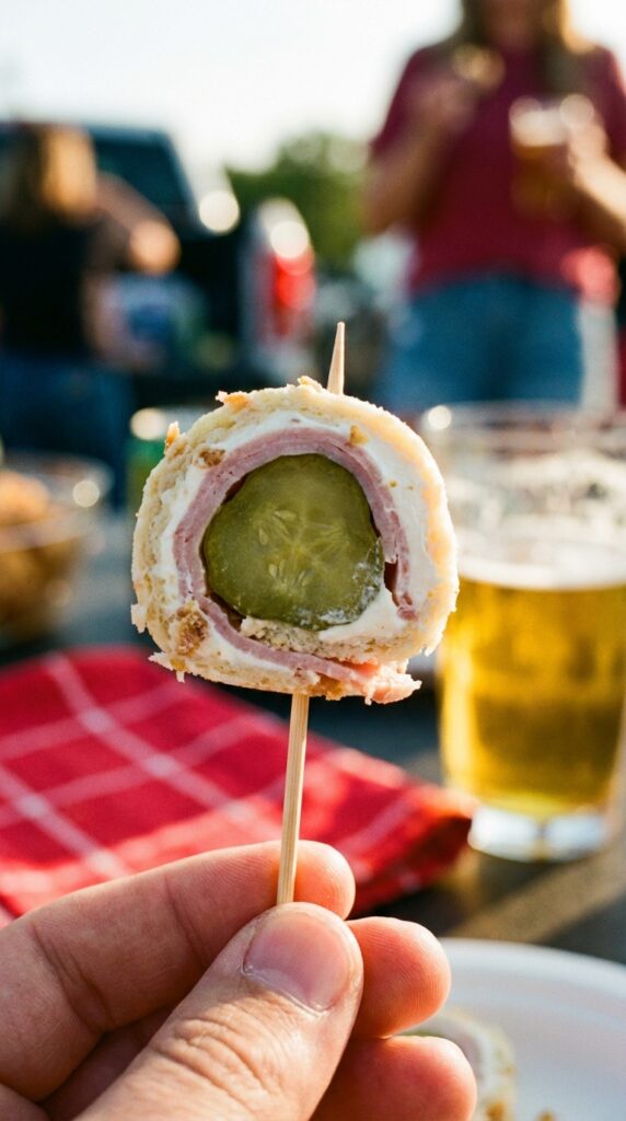 A close-up of a hand holding a pickle roll-up on a wooden toothpick with a tailgate party and beer in the background.