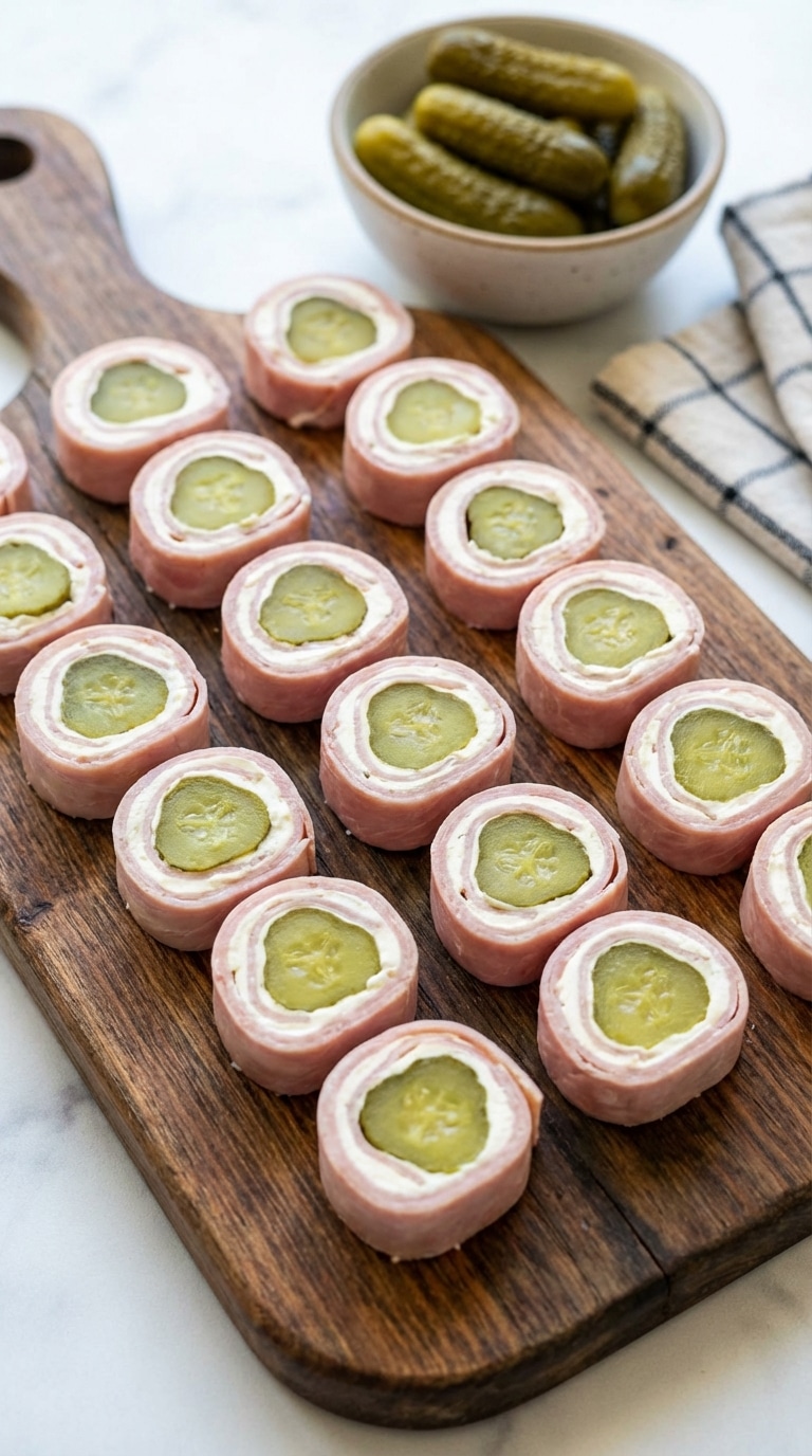 A wooden serving platter filled with sliced pickle roll-ups made of ham, cream cheese, and dill pickles.