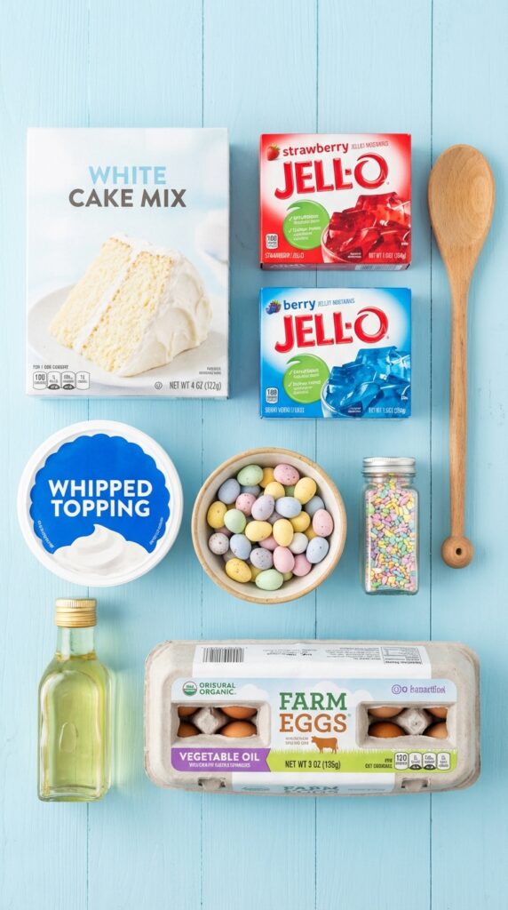 A flat lay showing white cake mix, boxes of pink and blue jello, whipped topping, eggs, and pastel candy on a light blue board.