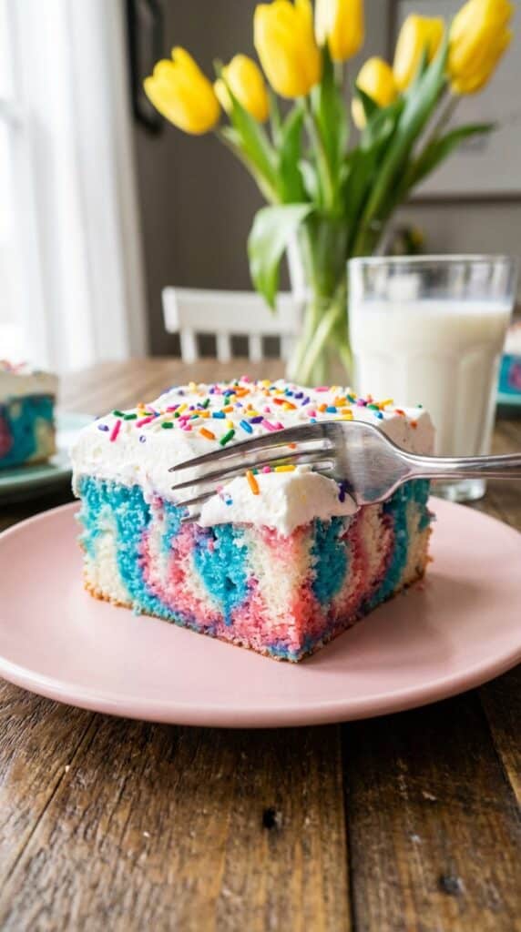 A close-up of a fork cutting into a slice of colorful tie-dye Easter poke cake on a pink plate.