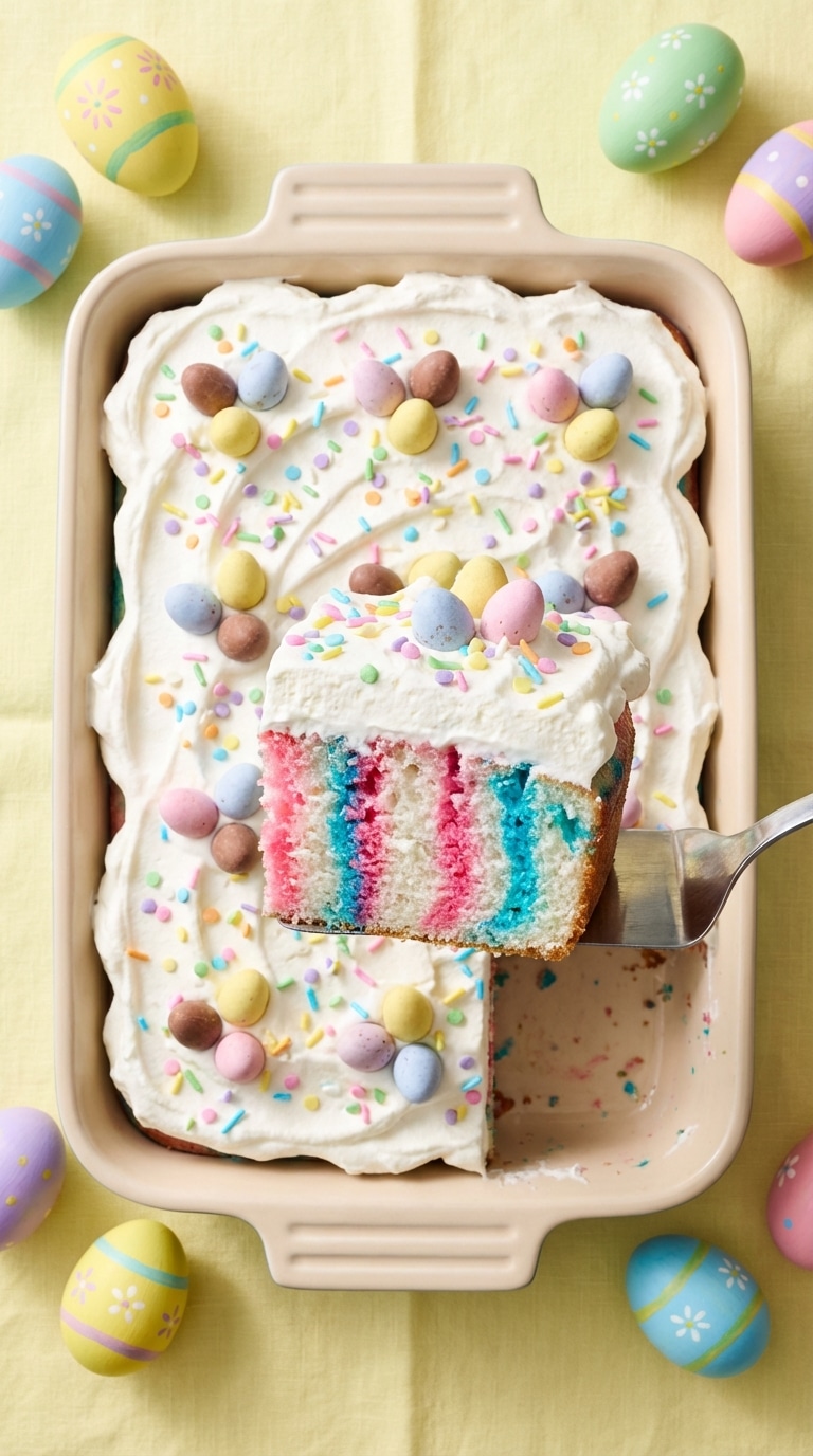 A 9x13 pan of Easter poke cake topped with whipped cream and mini chocolate eggs, with a slice missing to show the pink and blue jello stripes inside.