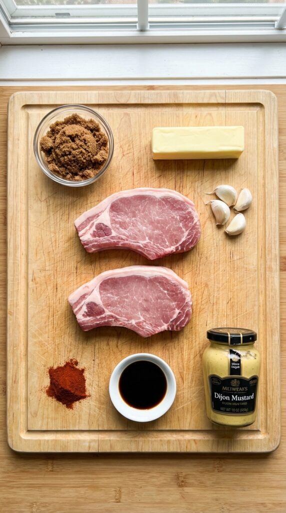 A flat lay showing raw pork chops, brown sugar, butter, garlic, soy sauce, mustard, and spices on a wooden board.