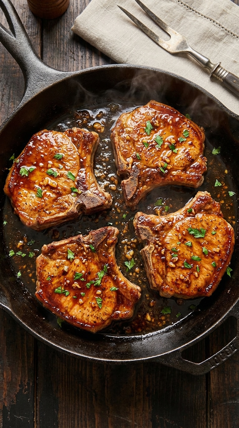 A top-down view of a cast-iron skillet containing four seared pork chops coated in a glossy brown sugar and garlic glaze, garnished with parsley.