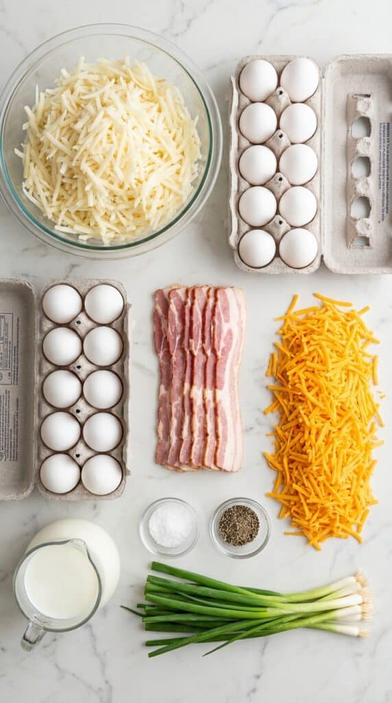 A flat lay showing shredded potatoes, eggs, raw bacon, shredded cheddar cheese, milk, and green onions on a marble board.