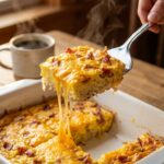 A close-up of a spatula lifting a thick square of breakfast casserole, showing a cheese pull and layers of egg, potato, and bacon.