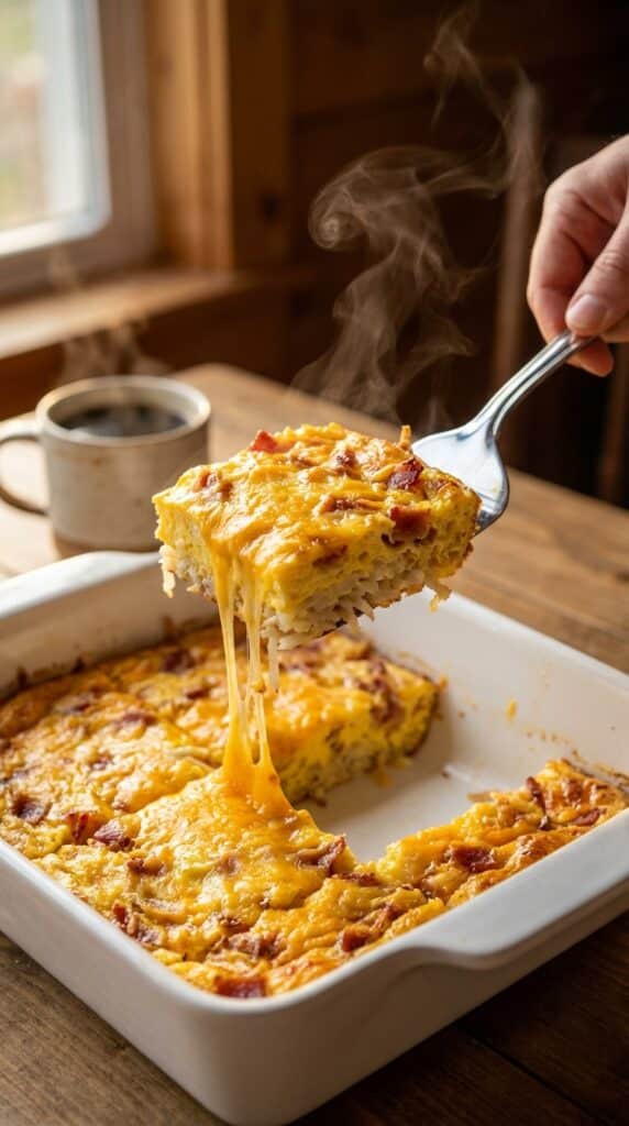 A close-up of a spatula lifting a thick square of breakfast casserole, showing a cheese pull and layers of egg, potato, and bacon.