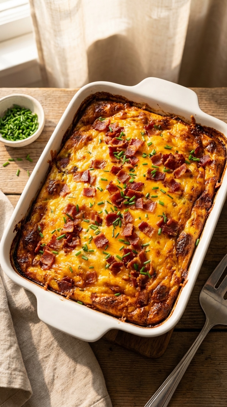 A top-down view of a rectangular baking dish filled with a golden-brown breakfast casserole topped with melted cheddar cheese, bacon, and green onions.