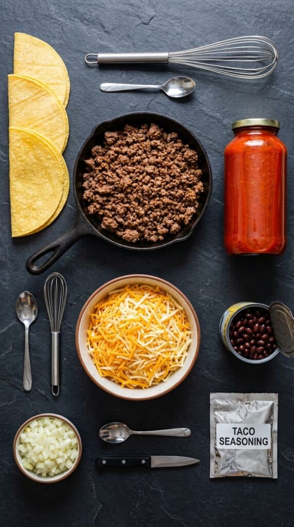 A flat lay showing browned ground beef, halved corn tortillas, red enchilada sauce, shredded cheese, black beans, and onions on a dark slate board.