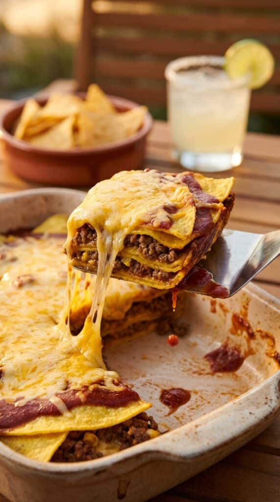 A close-up of a spatula lifting a layered slice of beef enchilada casserole with a dramatic cheese stretch, showing the tortilla and beef layers.