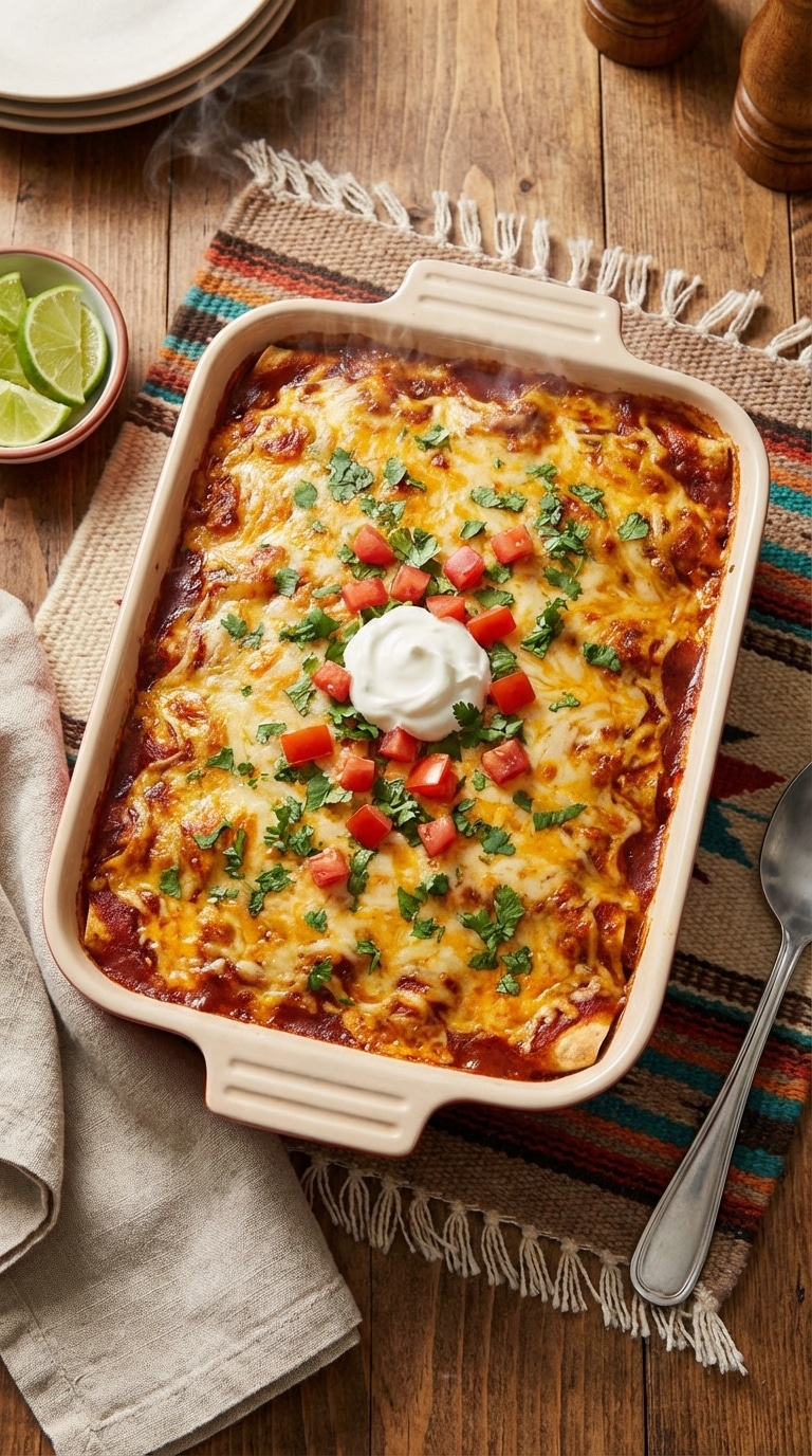 A top-down view of a baking dish filled with layered beef enchilada casserole, topped with melted cheese, fresh cilantro, and sour cream.