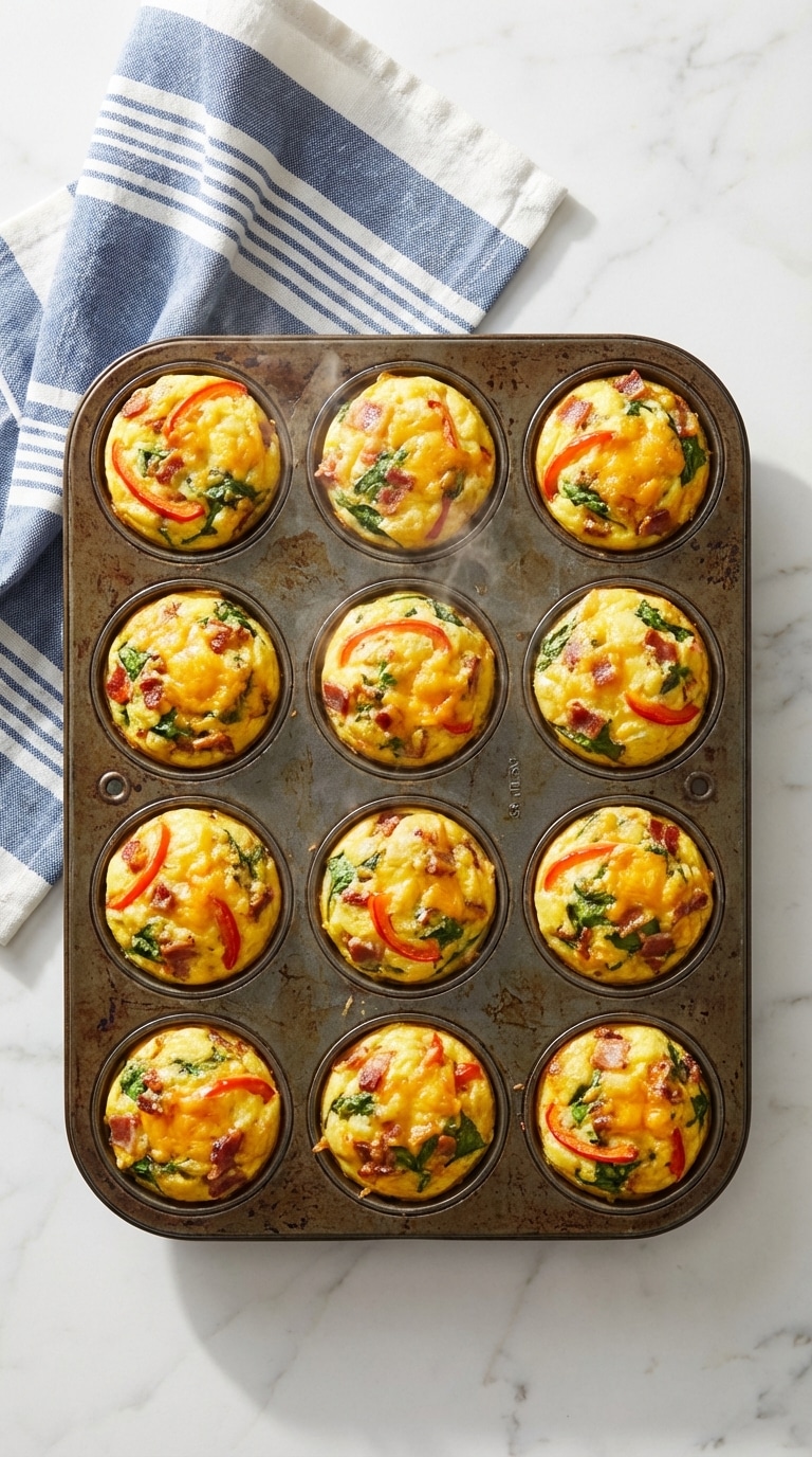 A top-down view of a 12-cup muffin tin filled with baked egg muffins featuring different colorful vegetable, bacon, and cheese mix-ins.