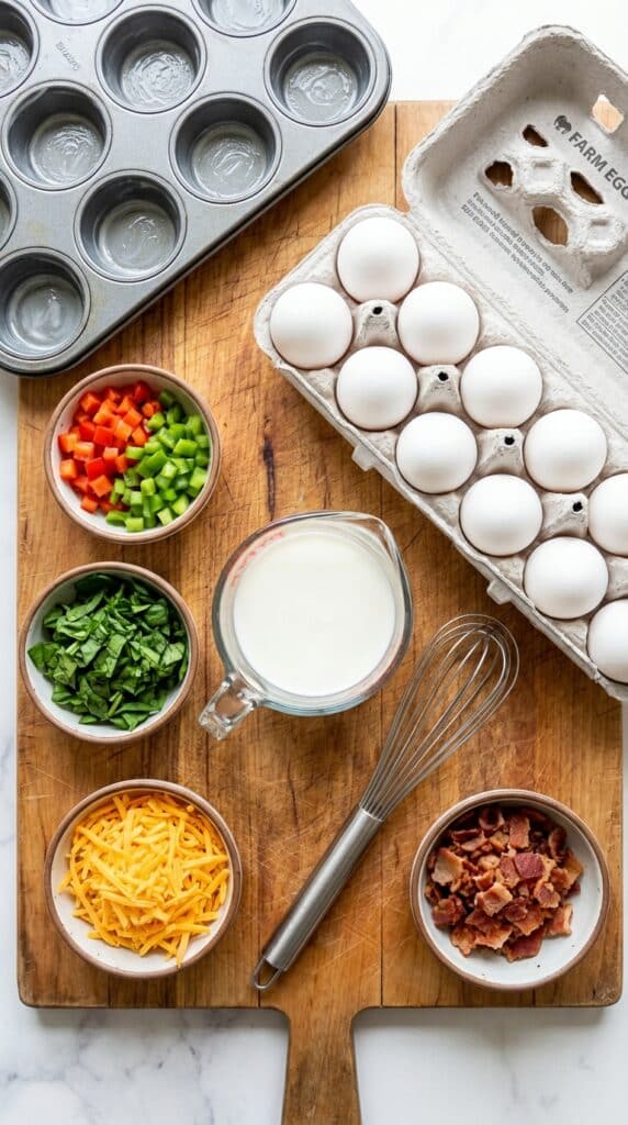 A flat lay showing a carton of eggs, a whisk, milk, and small bowls of chopped peppers, spinach, bacon, and cheese on a wooden board.