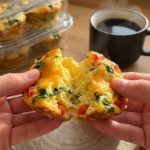 A close-up of hands breaking open a fluffy breakfast egg muffin, revealing melted cheese, spinach, and peppers inside, with coffee in the background.