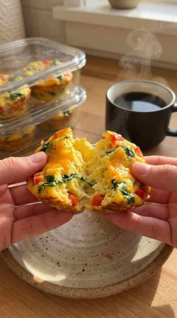 A close-up of hands breaking open a fluffy breakfast egg muffin, revealing melted cheese, spinach, and peppers inside, with coffee in the background.