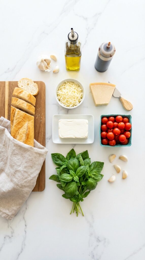 A flat lay showing cream cheese, mozzarella, cherry tomatoes, fresh basil, garlic, balsamic glaze, and a sliced baguette on a white marble board.